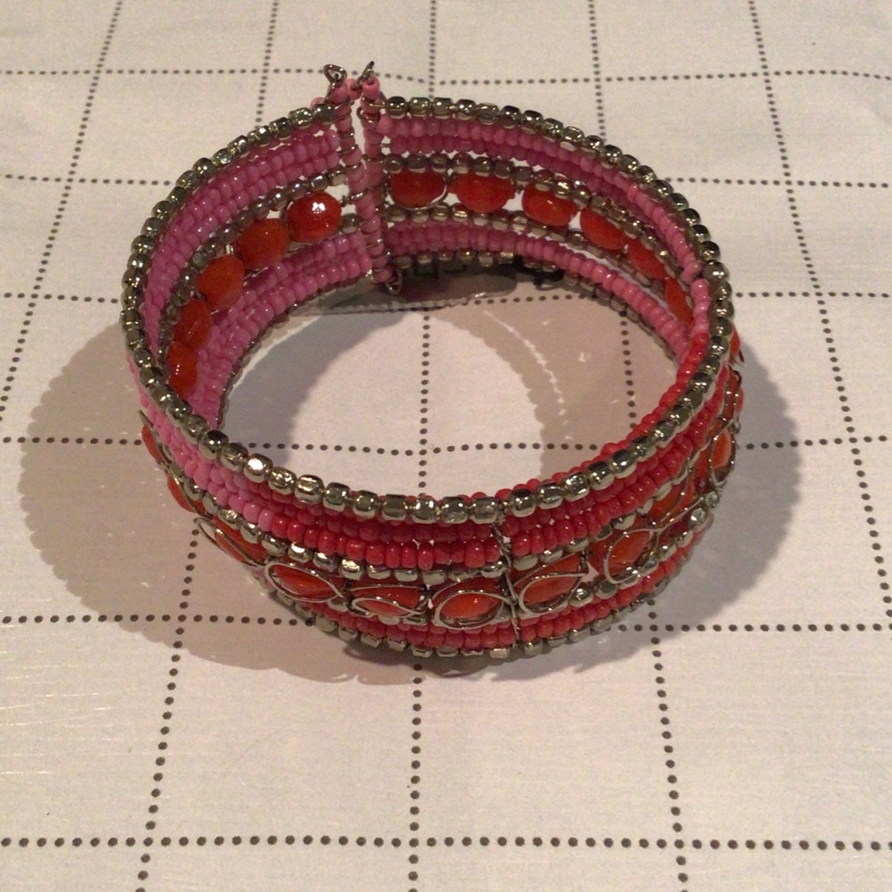 Chico's Pink and Red Beaded Bracelet with Silver Accents